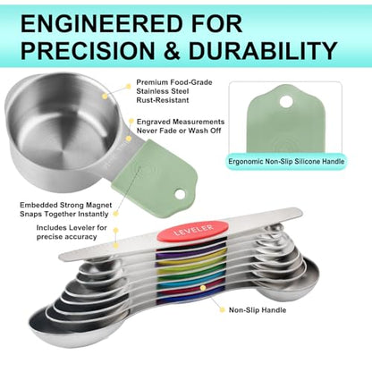 Magnetic Measuring Cups and Spoons Set of 16, 7 Stainless Steel Measuring Cups, 8 Double-Sided Measuring Spoons with 1 Leveler, Color Coded Handles, Dual Markings for Dry and Liquid Ingredients - color: Silver