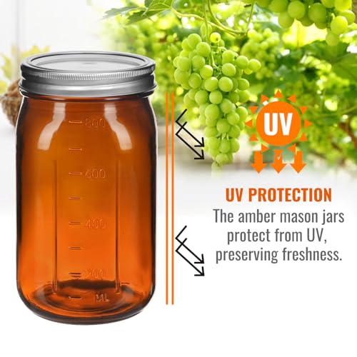 32 oz Amber Glass Mason Jars 6 Pack, Wide Mouth Airtight Lids with Bands | Amber glass, canning/preserving/jam/sauces/pickle fermenting, beverages/DIY projects, reusable, quart size, wide mouth design