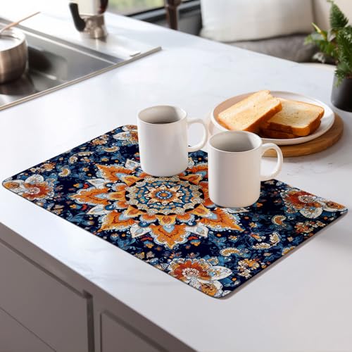 Mandala Flowers Dish Drying Mat for Kitchen Counter Microfiber Super Absorbent Non-Slip Dish Drying Pad for Countertops Dishes Utensils Stylish Quick-Dry Machine Washable 18x24 Inch - color: Mandala Flowers