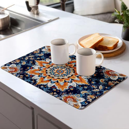 Mandala Flowers Dish Drying Mat for Kitchen Counter Microfiber Super Absorbent Non-Slip Dish Drying Pad for Countertops Dishes Utensils Stylish Quick-Dry Machine Washable 18x24 Inch - color: Mandala Flowers