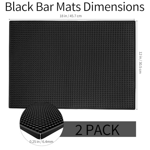 2 Pack Rubber Bar Mats for Countertop, 18" x 12" Dish Drying Spill Mat, Coffee Bar Mats Accessories for Cocktail Service in Bartending, Home, Kitchen, Restaurants, Black