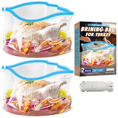 2 Pack 26” x 22” Extra Large Brining Bags for Turkey with String | Double Zippers Turkey Brine Bags for Marinade, Steak, Chicken, Beef, Ham, Pork, , with Date Label - color: 2 pack