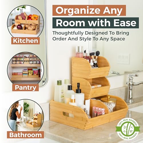 Potato and Onion Storage Bin for Pantry and Kitchen Counter - Ventilated Stackable Bamboo Organizer Baskets with Handles - color: Bamboo