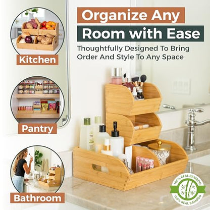 Potato and Onion Storage Bin for Pantry and Kitchen Counter - Ventilated Stackable Bamboo Organizer Baskets with Handles - color: Bamboo