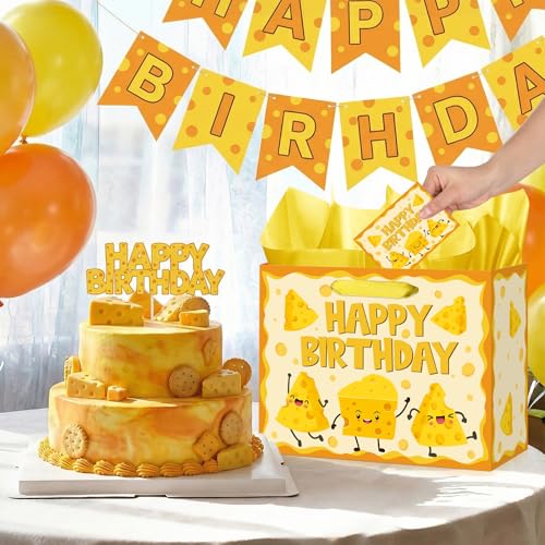 Woosytoo 재미있는 치즈 생일 선물 가방 만화 치즈 테마 생일 포장지 가방 인사말 카드 포함, 어린이 성인 마카로니 및 치즈 애호가 음식 피크닉 Bday 베이비 샤워 파티 - color: 치즈.