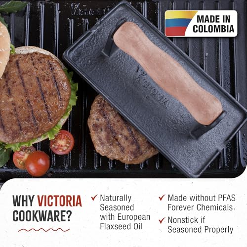 Victoria Cast Iron Panini Press, Burger Press, Bacon Press, Grill Press, Seasoned with 100% Kosher Certified Non-GMO Flaxseed Oil, Model Number: GAD-025 - size: Regular Press