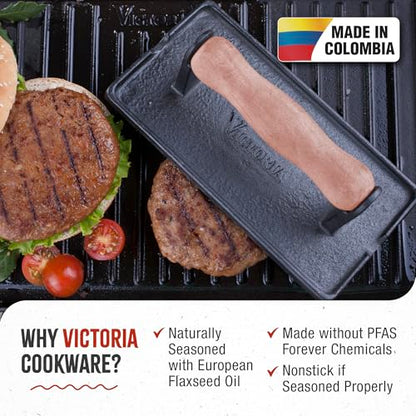 Victoria Cast Iron Panini Press, Burger Press, Bacon Press, Grill Press, Seasoned with 100% Kosher Certified Non-GMO Flaxseed Oil, Model Number: GAD-025 - size: Regular Press