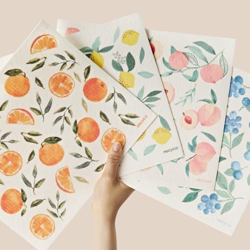 RECYCO Swedish Dishcloths for Kitchen | 4 Pack Oversized Washable Dish Rags | Large Cellulose Reusable Cleaning Paper Towels | Absorbent Counter Dish Cloth Sponge XL Kitchen Wipes, 12" L x 11" W - color: Fruitful Foliage - Xl 4 Pack