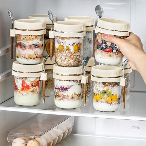 6 Pack Overnight Oats Containers with Lids and Spoons, 16 oz Glass Mason Overnight Oats Jars, Large Capacity Airtight Jars for Milk, Cereal, Fruit(Beige） - color: Beige