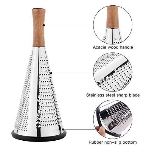 Cone Cheese Grater with Handle - Stainless Steel Triple Function Wood Handle Parmesan Shaver Non-Slip Rubber Bottom Hand Held Multifunction Vegetables Cheese Grater with container(S: 7.7" X 3.5") - size: Size S: 7.7" X 3.5"