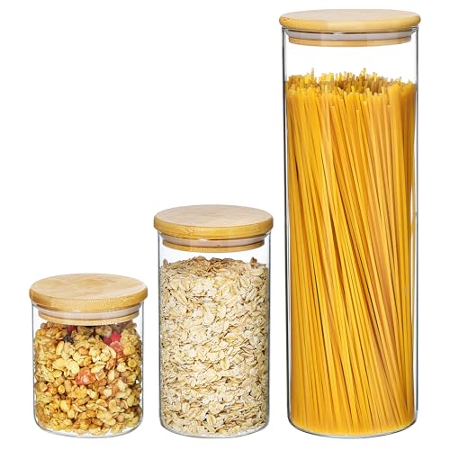 Vtopmart 3 Pack Kitchen Containers with Airtight Bamboo Lids (74oz/27oz/20oz), Glass Pantry Storage Containers for Pasta, Nuts, Coffee Beans, Cereal, Canisters Set for Pantry Organization, BPA Free - size: 3 Pack (74oz/27oz/20oz)