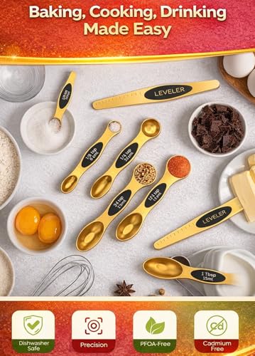 Magnetic Measuring Spoons Set with Strong N45 Magnets, Heavy Duty Stainless Steel Metal, Fits in Most Kitchen Spice Jars for Baking & Cooking, BPA Free, Multicolor, Set of 8 with Leveler(Gold) - color: Gold