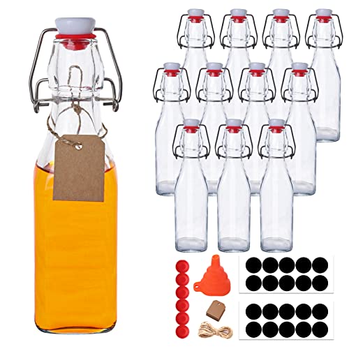 12 Pack 8.5oz Swing Top Glass Bottles, 250ML Square Bottles with Airtight Stoppers for Kombucha, Kefir, Vanilla Extract, Beer(Bonus Gaskets, Labels and Funnel) - size: 8.5oz