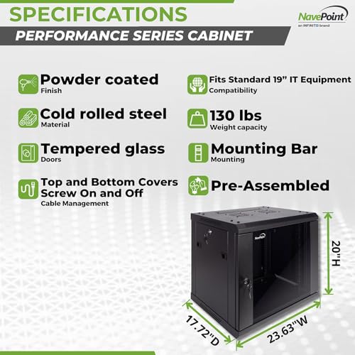 NavePoint 9U Server Cabinet Wall Mount Rack Enclosure Includes 2 Fans, Locking Glass Door, Removable Side Panels – 9U Network Cabinet 17.7” Deep, 19 Inch Server Rack for IT and A/V Equipment - size: 9U - 450mm Depth