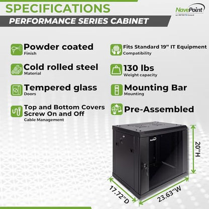 NavePoint 9U Server Cabinet Wall Mount Rack Enclosure Includes 2 Fans, Locking Glass Door, Removable Side Panels – 9U Network Cabinet 17.7” Deep, 19 Inch Server Rack for IT and A/V Equipment - size: 9U - 450mm Depth