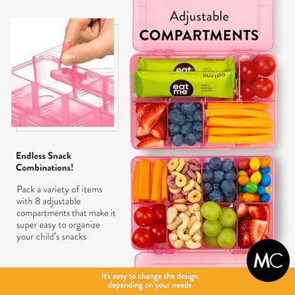 Snack Box Containers Set of 2-Reusable,100 Dissolvable Labels, 8 Adjustable Compartments, Dishwasher Safe, BPA-Free, Meal Prep Container, PARENT TESTED PARENT APPROVED AWARD (2 Pack) (Pink) - color: Pink, size: Small