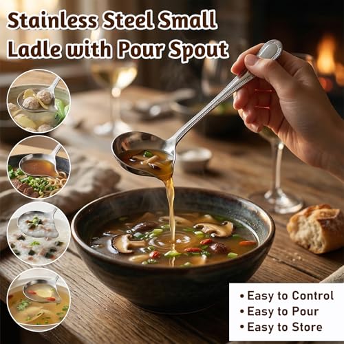 2 Pcs Small Ladle with Pour Spout, Stainless Steel Gravy Ladle with Long Handle Sauce Drizzle Spoon Small Sauce Spoon for Cooking Serving Canning