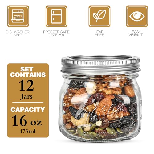 Ieavier 12PCS Wide Mouth Mason Jars 16oz with Airtight Lids and Bands, Canning Jars with Crystal Glass for Food Storage, Spice Jars, Canning, DIY Projects, Jam, Jelly, Honey, Preserving, Drinking - color: 16oz-12pack