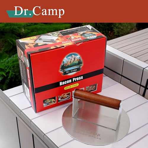 Dr.Camp 7 Inch Stainless Steel Smash Burger Press Burger Smasher Bacon Press Meat Press for Griddle Flat Top Grill with Solid Wood Handle Smooth Bottom Heavy Duty (Round) - style: Round