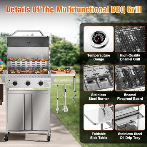 Electactic Propane Gas Grill, 3-Burner 24,000 BTU Stainless Steel BBQ Grill with Foldable Shelf for Outdoor Barbecue and Cooking - size: 3 Burner Gas Grills with Foldable Shelf