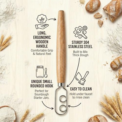 Sourdough Starter Stirring Hook and Danish Dough Whisk | Small Size to Fit in Jars | Improve the Mixing Standard Of Your Starter For Better Baking Results | New England Sourdough Starter Co. - size: 13 inches