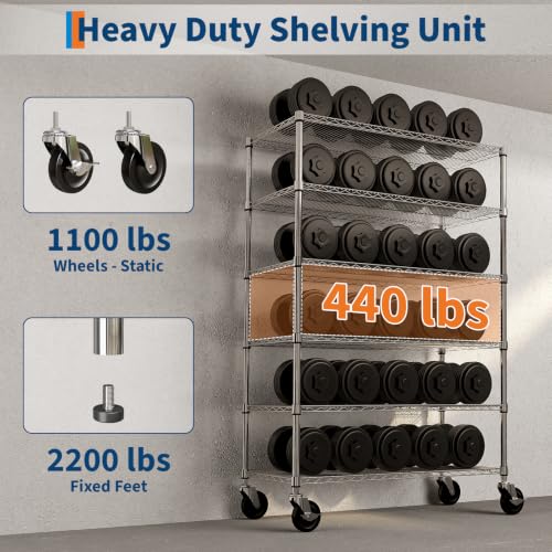 Garvee 2640LBS 6 Tier Metal Shelving with Wheels, Heavy Duty Storage Shelves Chrome Wire Racks for Garage Kitchen Commercial, Adjustable NSF Shelving, Rolling Pantry Shelf, 47" Wx18 Dx72.4 H | ﻿Heavy Duty Shelves Units for Garage Kitchen Organization, Adj