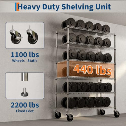 Garvee 2640LBS 6 Tier Metal Shelving with Wheels, Heavy Duty Storage Shelves Chrome Wire Racks for Garage Kitchen Commercial, Adjustable NSF Shelving, Rolling Pantry Shelf, 47" Wx18 Dx72.4 H | ﻿Heavy Duty Shelves Units for Garage Kitchen Organization, Adj
