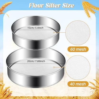 Patelai 2 Pcs Stainless Steel Round Flour Sifter Sieve Fine Mesh for Bake Decorate Cakes, Pies, Pastries, Cupcakes (6 Inch 60 Mesh,8 Inch 40 Mesh) - size: 6 Inch 60 Mesh,8 Inch 40 Mesh