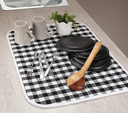 Ramanta Home Buffalo Plaid Check Dish Drying Mat Set of 2 Black - 18x24 Inches, Cotton Top Cover Absorbent Dish-Drying Mats For Sink, Dishwasher | Extra Large Kitchen Countertop Protector Dishes Pad - color: Black-White