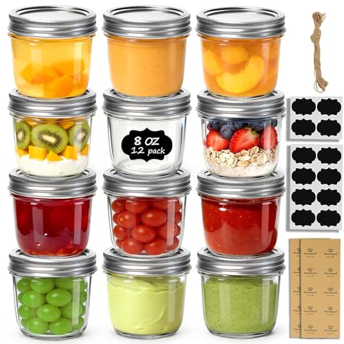 ComSaf 8 oz Wide Mouth Mason Jars Bulk Set, 12 Pack Small Jars with Lids | BPA-Free,Half-Pint Portion, Chunky Salsa, Overnight Oats, Party Favors, Meal Prep, DIY Candles, For Big Canning Project - size: 8oz*12 wide mouth