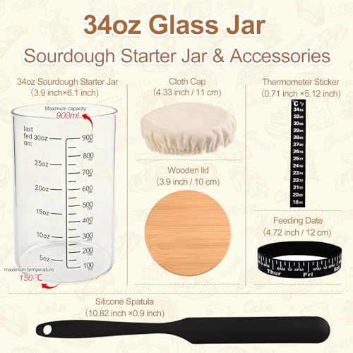 PFUM Sourdough Starter Jar Kit- 34oz Sourdough Starter Jar with Marked Feeding Band, Thermometer, Cloth Cover & Wooden Lid for Sourdough Baking Supplies, Glass Container Wide Mouth Glass Jar