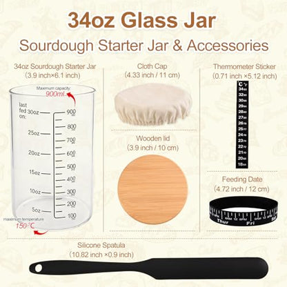 PFUM Sourdough Starter Jar Kit- 34oz Sourdough Starter Jar with Marked Feeding Band, Thermometer, Cloth Cover & Wooden Lid for Sourdough Baking Supplies, Glass Container Wide Mouth Glass Jar