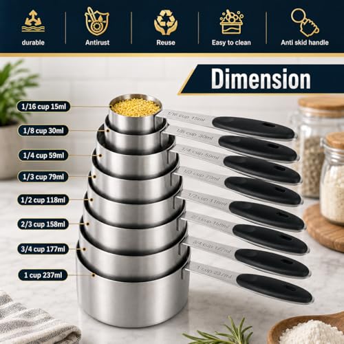 16 Pieces Measuring Cups and Magnetic Measuring Spoons Set Stainless Steel,8 Measure Cups with Silicone Handle and 7 Double Sided Magnetic Measure Spoons & 1 Leveler
