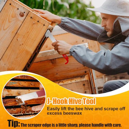 Acostop Bee Hive Tool for Beekeeping - Stainless Steel J Hook & Natural Horsehair Bee Brush, Beehive Brush Bee Frame Lifter and Scraper Bee Keeping Starter Kit for Beekeepers