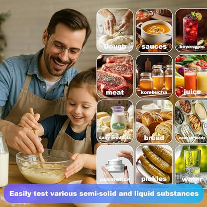 Food pH Meter for Semi-Solid & Liquid Foods, Food-Contact-Safe Housing, ±0.01 Accuracy, ATC, Waterproof, Color LCD, 3 Calibration Solutions Included