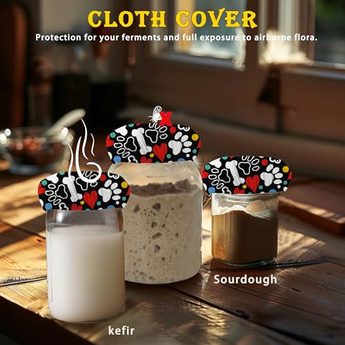 Sourdough Starter Jar Cloth Covers, Dog Paw Heart Gifts for Women Baker 5 Pack Kit Stretchy Cloth Bowl Lids Fits Jar Mouth Ranging 3"- 4" Inches - color: Dog Paw Heart