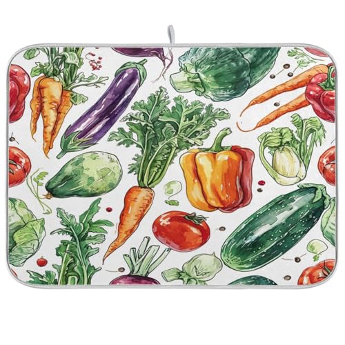 Scribble Vegetable Pattern Dish Drying Mat, Absorbent Heat Resistant, 16 x 18 inch Dish Drainer for Kitchen Countertop, Dining Table