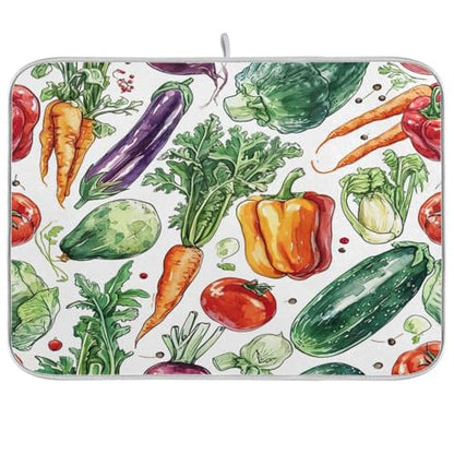 Scribble Vegetable Pattern Dish Drying Mat, Absorbent Heat Resistant, 16 x 18 inch Dish Drainer for Kitchen Countertop, Dining Table
