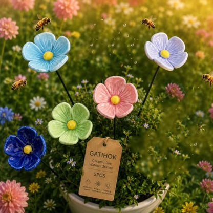 Bee Watering Station for Garden Cups Bird Butterfly Bees Ceramic Drinking and Water Bath Feeder Cup Blossoms Flowers Shaped Design Poppies Bowl Wildlife Feeding 5PCS Watring Pollinator - color: #5PCS-A