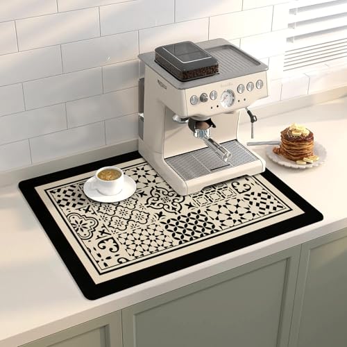 Coffee Mat Dish Drying Mat Hide Stain High Absorbent Bar Mat for Countertops Easy Clean,Fit Under Coffee Maker Machine And Accessories-12"x19",Black Boho - color: Black Boho, size: 19" x 12"