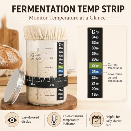 Sourdough Starter Kit for Beginners, 34oz Wide Mouth Sourdough Starter Jar with Guide & Recipes, Fridge Magnet Clip, Thermometer, Feeding Band, Spatula, Cloth & Aluminum Lid, Bread Baking Supplies