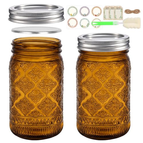 Amber Wide Mouth Mason Jars 32oz with Leak-proof Split Lids, 2-Pack | Colored Glass Jars for DIY Crafts, Wedding Centerpieces, Home Decor, Flower Vase, Bathroom Storage - color: Amber-2Pack