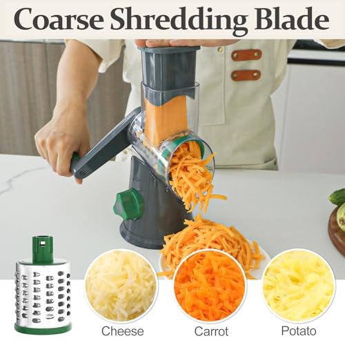 Cambom Rotary Cheese Grater Hand Crank Cheese Shredder for Fresh Cheese, Vegetable, Nuts,Non-slip Suction Base, Three Blades, Gray Green - color: Gray Green, size: 3 BLADES
