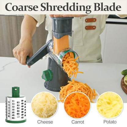 Cambom Rotary Cheese Grater Hand Crank Cheese Shredder for Fresh Cheese, Vegetable, Nuts,Non-slip Suction Base, Three Blades, Gray Green - color: Gray Green, size: 3 BLADES