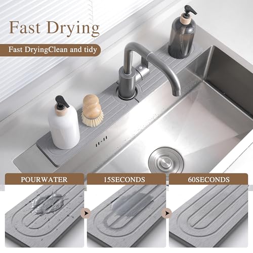 Diatomite Faucet Mat for Kitchen Sink, Quick-Dry Stone-Like Sink Mat, Flat Lay Absorbent Countertop Drying Mat for Faucet Area, Hard Diatomite Mat, Gray, 15.8 x 4 in - color: Gray-D2