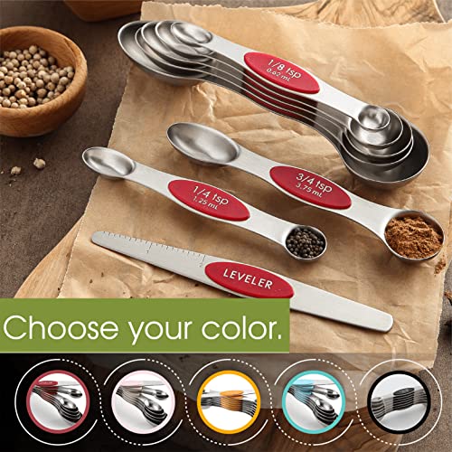 Spring Chef Red Stainless Steel Magnetic Measuring Spoons Set of 8 with Leveler, Dual Sided Nesting Teaspoon & Tablespoon Measuring Spoons, Kitchen Gadgets for Baking & Cooking, Fits in Spice Jars - color: Red, size: 1-Pack