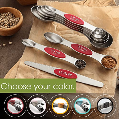 Spring Chef Red Stainless Steel Magnetic Measuring Spoons Set of 8 with Leveler, Dual Sided Nesting Teaspoon & Tablespoon Measuring Spoons, Kitchen Gadgets for Baking & Cooking, Fits in Spice Jars - color: Red, size: 1-Pack