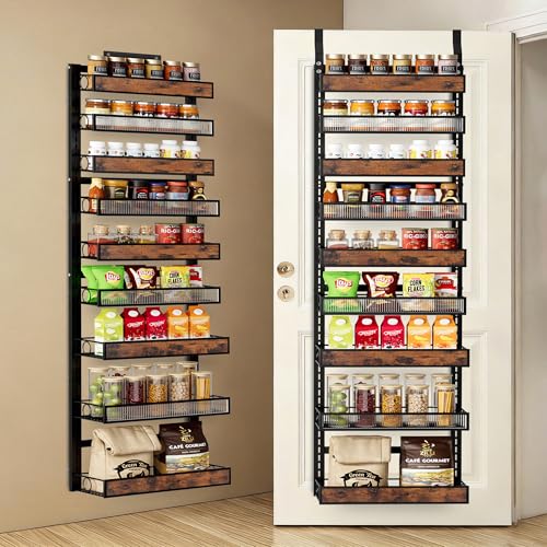 9 Tier Over the Door Pantry Organizer 2 IN 1 Hanging or Wall Mounted Spice Rack with Adjustable Basket,Heavy Duty Seasonning Storage Shelf for Kitchen Pantry and Bathroom Black - color: Black, size: 9 Tiers