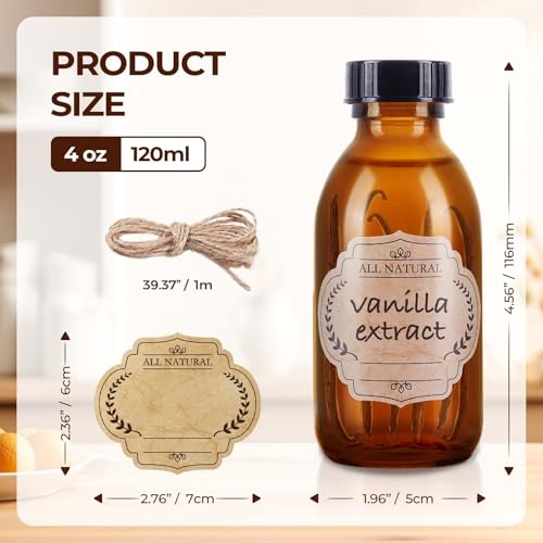 6 Pack 4 oz Amber Glass Bottle with Lids, Small Glass Vanilla Extract Bottles for Homemade Vanilla Extract, Essential Oils, Juice, Potion, Syrup, Christmas, Holiday Gift