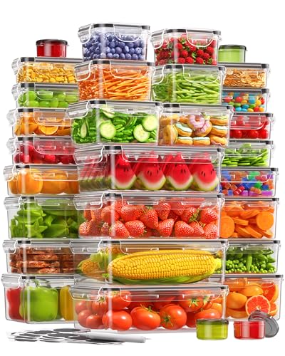 KEMETHY 60 PCS Food Storage Containers with Lids, BPA-Free Plastic Food Containers for Kitchen Storage, Leak Proof, Reusable Meal Prep Containers with Labels & Pen - color: 60 PCS